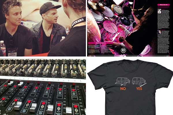Clockwise from left: Sonor signing at NAMM with Dino Campanella; Rhythm magazine’s Danny Carey feature; Neve faders, API board; my first t-shirt design. 